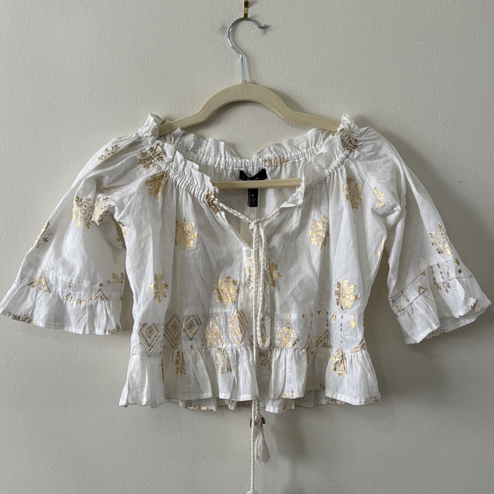 Aqua White and Gold Crop Swim Coverup Top NWT